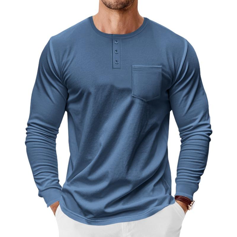 Mens Long Sleeve Henley Shirt Loose Fit Pocket Tee For Spring Autumn