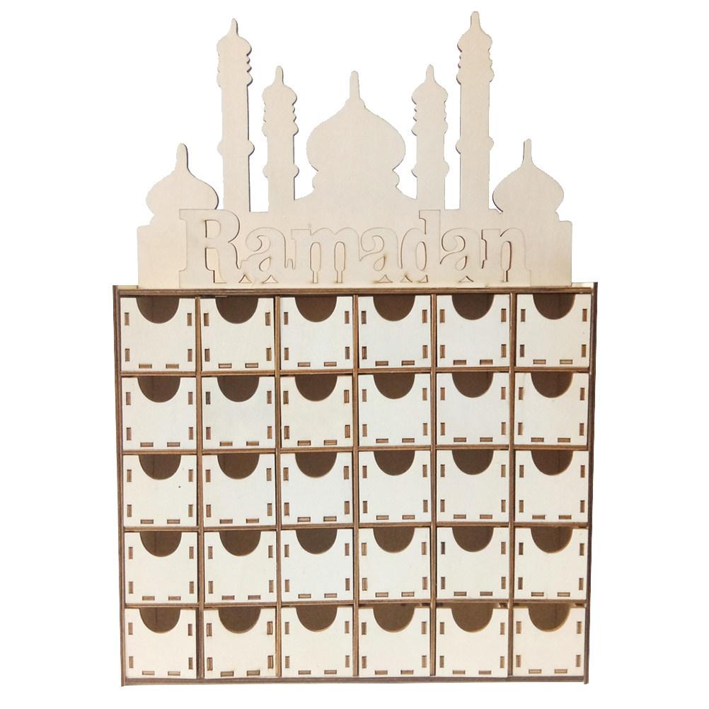 Stilvolles hölzernes Eid-Handwerk mit Schublade, Adventskalender, Mubarak-Buchstaben, Heimdekoration für islamische Feiern