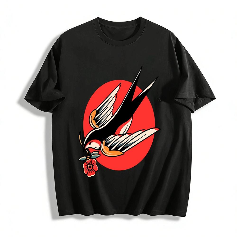 

American Traditional Swallow Holding Flower Graphic Casual Tee Pure cotton T-shirt XXS