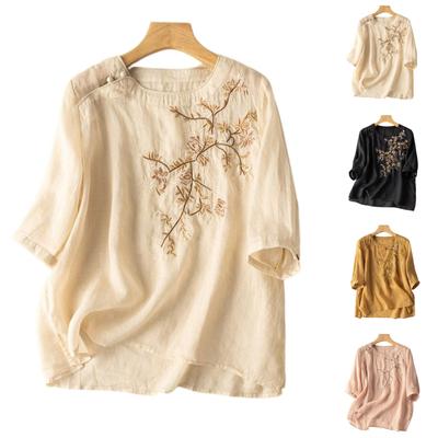 Damen Vintage-inspiriertes lockeres Mid-Sleeve-Oberteil aus Baumwoll-Leinen-Mischung mit Stickerei