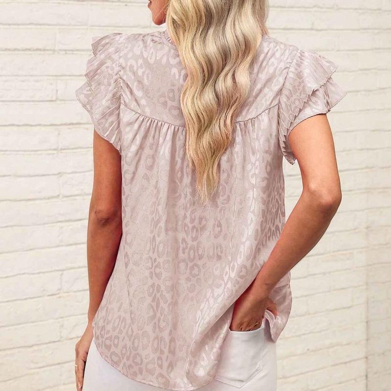 Summer New Fashion Leopard Printed Casual Shirts Women Summer Tops Flying Sleeve Slim Fit Casual Blouse for Women Elegant Solid Pullover Shirt 26626