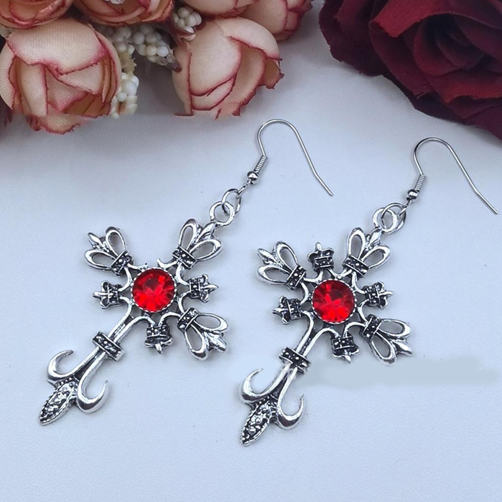 Gothic Punk Cross Earring Hip Hop Rock Red Oil Drip Crystal Drop Stud Earring