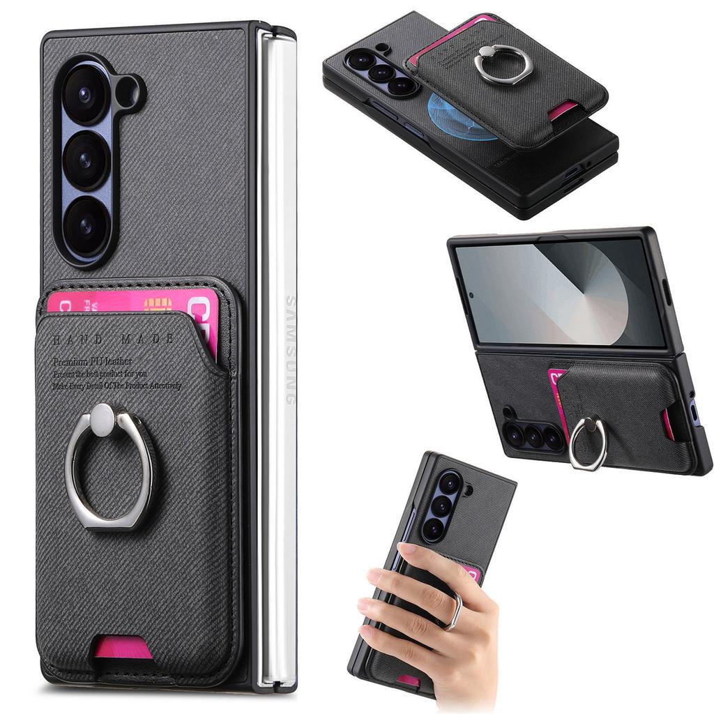Magnetic Leather Wallet Phone Case with Card Holder Ring for Samsung Galaxy Z Fold 7 6 5 4 3 Fold7 Fold6 5G Detachable Cover