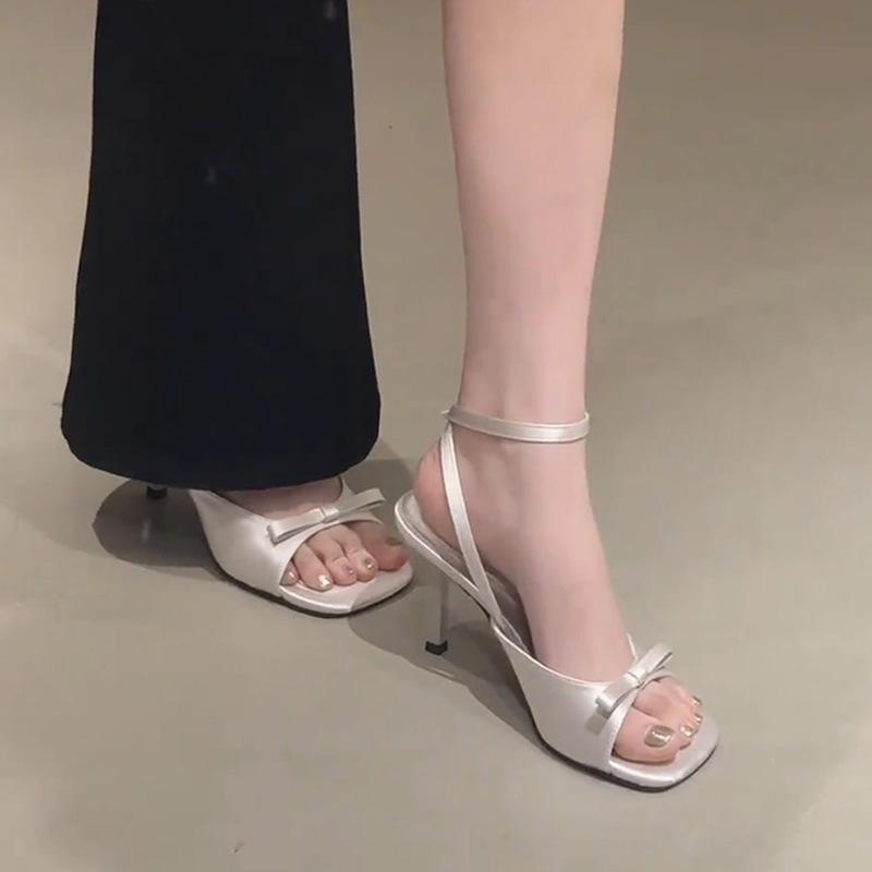 Fashion Black High Heels Ladies Summer 2025 Bow Stiletto Premium French High Heel Sandals
