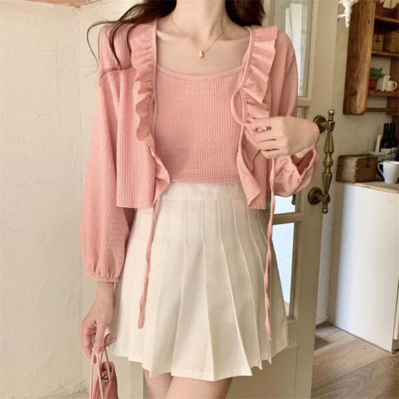 Women's French Ruffle Trim Shawl Cardigan & Camisole Set - Summer Sun Protection