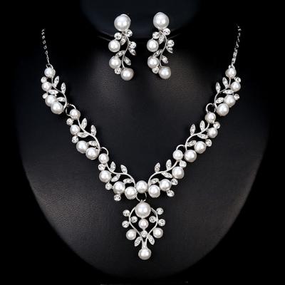 Kobiety Eleganckie Faux Pearl Rhinestone Liście Naszyjnik Kolczyki Zestaw biżuterii ślubnej