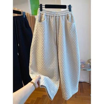 Women's Fall Elastic-Waist Diamond-Quilted Insulated Cotton-Padded Cropped Sweatpants, Loose-Fit Casual Solid-Color Harem Pants
