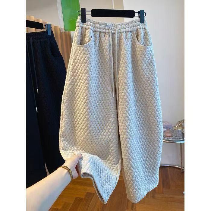 Women's Fall Elastic-Waist Diamond-Quilted Insulated Cotton-Padded Cropped Sweatpants, Loose-Fit Casual Solid-Color Harem Pants