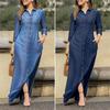 2023 Plus Size Casual Denim Dress: European & American Long Shirt-Collar with Pocket