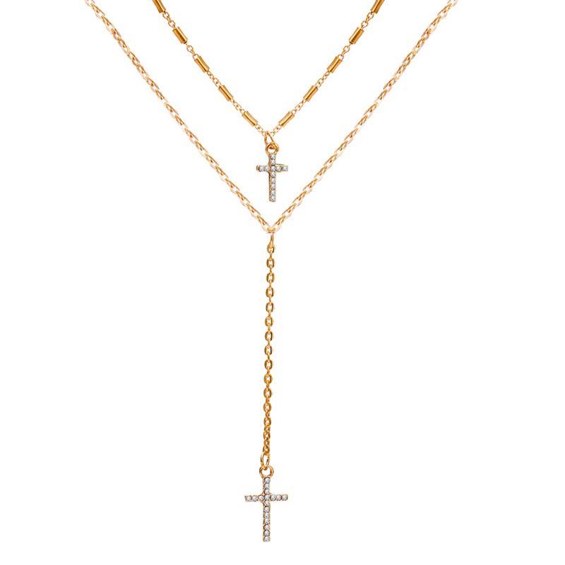 

Fashion Copper Color Cross Pendant Necklaces For Women Simple Metal Double Layered Neck Chain Necklace Statement Jewelr золотий
