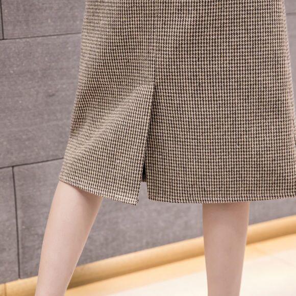 Women's High Waist Houndstooth Wool Pencil Skirt - Plus Size, Mid-Length, Over-the-Knee for Autumn and Winter
