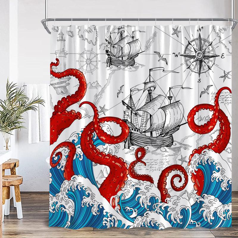 Ocean Red Octopus Shower Curtain Sea Wave Sailboat Lighthouse Nautical Bath Curtains Polyester Fabric Bathroom Decor with Hooks