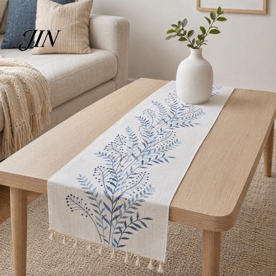 Floral Embroidery Table Runner Embroidered Runner, Elegant Dining Cover, White Rustic Durable for with Tassels Home Wedding Bridal Shower Decor