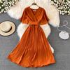 Summer Women's V-neck Short-sleeved Dress Knee-length Slim Temperament Waist Tie Large Swing Pleated Long Dress