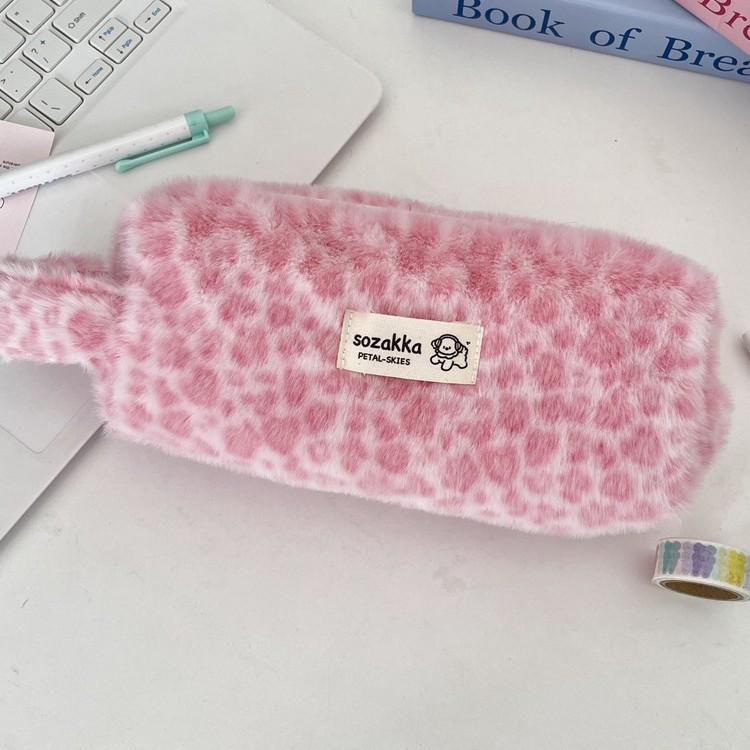 Retro Leopard Print Women's Plush Makeup and Toiletry Bag - Portable Pencil Case