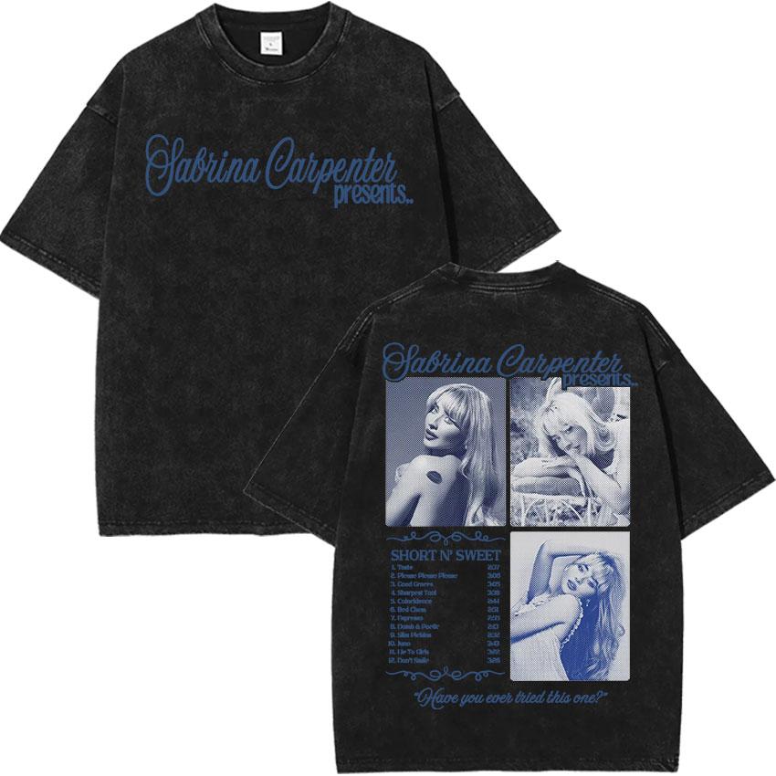 Vintage Vasket Sabrina Carpenter Short N Sweet Album T-skjorte Menn Kvinner Sommer Casual Oversized T-skjorte Y2k Harajuku Klær