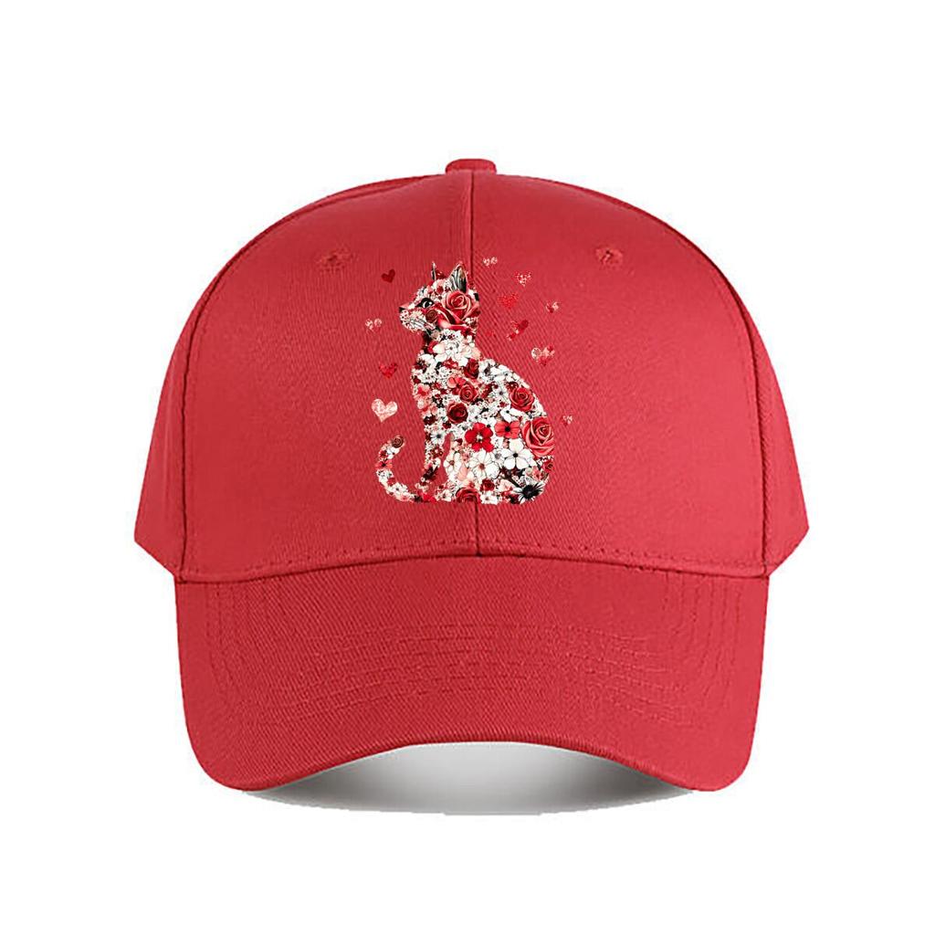 Floral Rose Cat With Hearts Wall Decor Baseball Cap Fashion Unisex Sunhat Womens Outdoor Sports