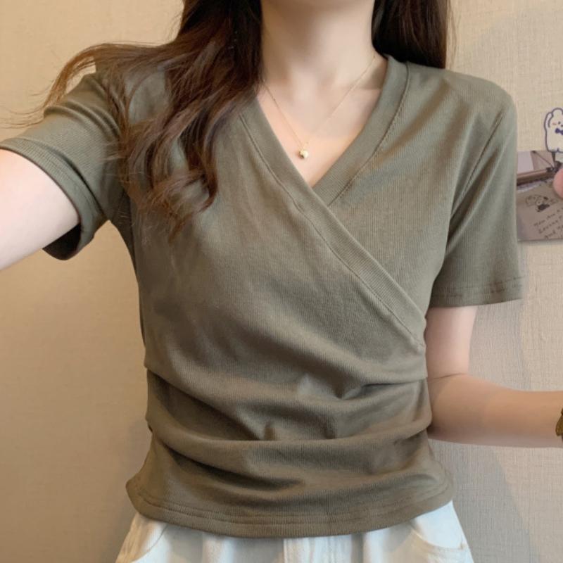 

GMXIA Футболка с короткими рукавами и крестообразным V-образным вырезом, женская, летняя, дизайнерская, Sense, тонкие, короткие, узкие топы XXL зеленые хаки