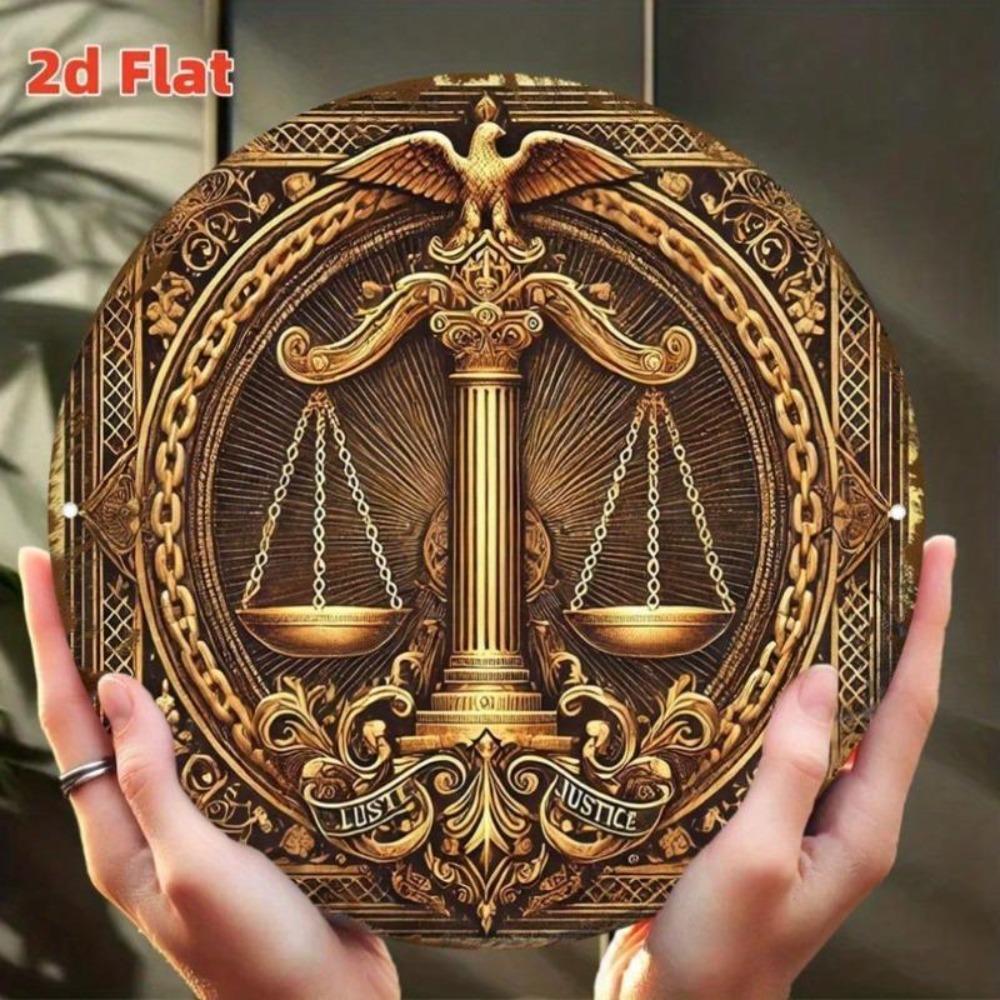 Metal Tin Sign Lady Justice Wall Art Round Law Office Decor Lawyer Gift