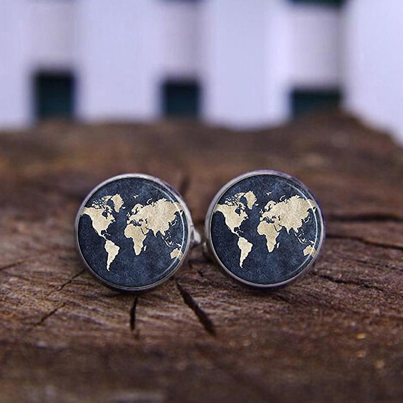 Vintage World Map Glass Cufflinks Silver Metal Cuff Links For Man Women Wedding Party Jewelry Accessories