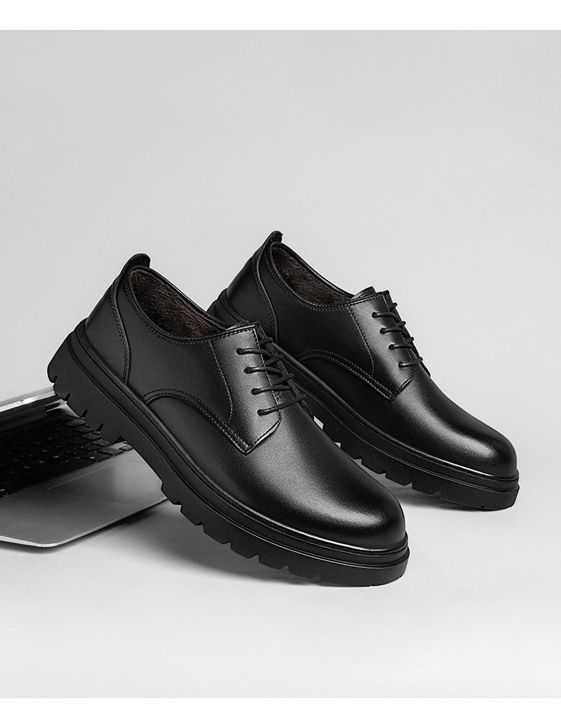 Men's Black Leather Derby Shoes - Winter 2025, Height Increasing, Thick Sole, Casual to Formal, with Plus Velvet for Warmth