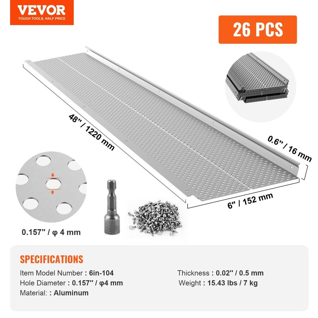 Gutter Guard, 152mm Width, Aluminum Leaf Filter DIY Gutter Cover, 26 PCS 264cm Total Length, 4mm Hole Diameter & 0.5mm Thick Raptor Gutter Guards Fits