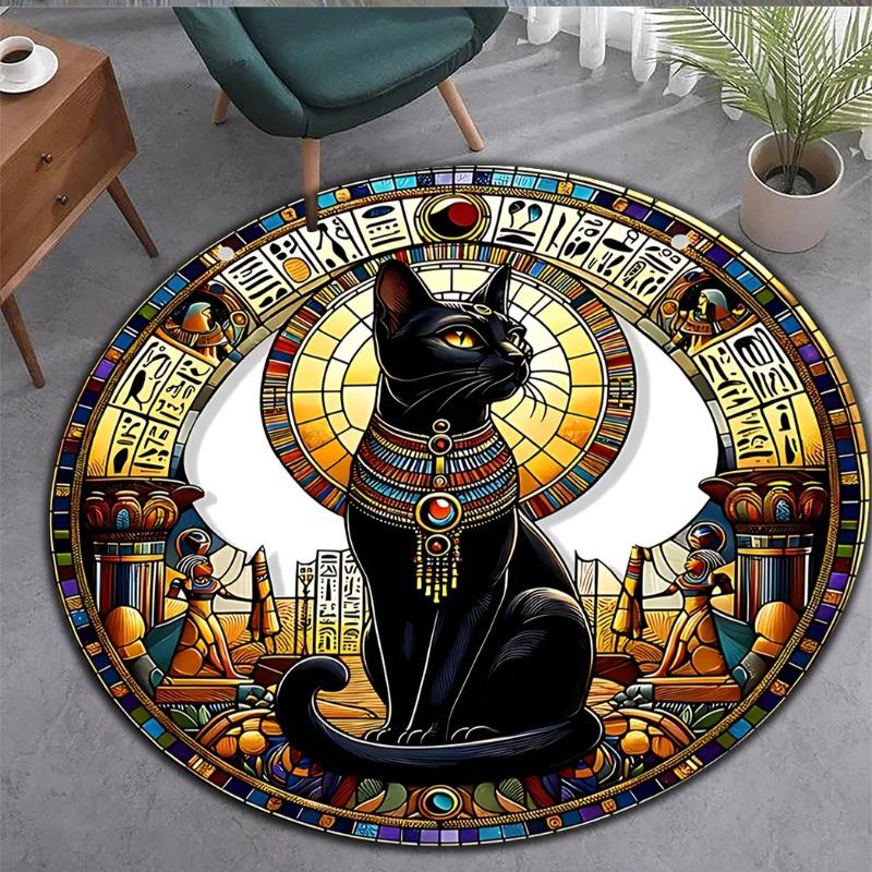 A Round, Easy-To-Clean Area Rug Featuring an Egyptian Bastet Cat Design, Suitable for Living Spaces, Bedrooms, Living Rooms, Kit