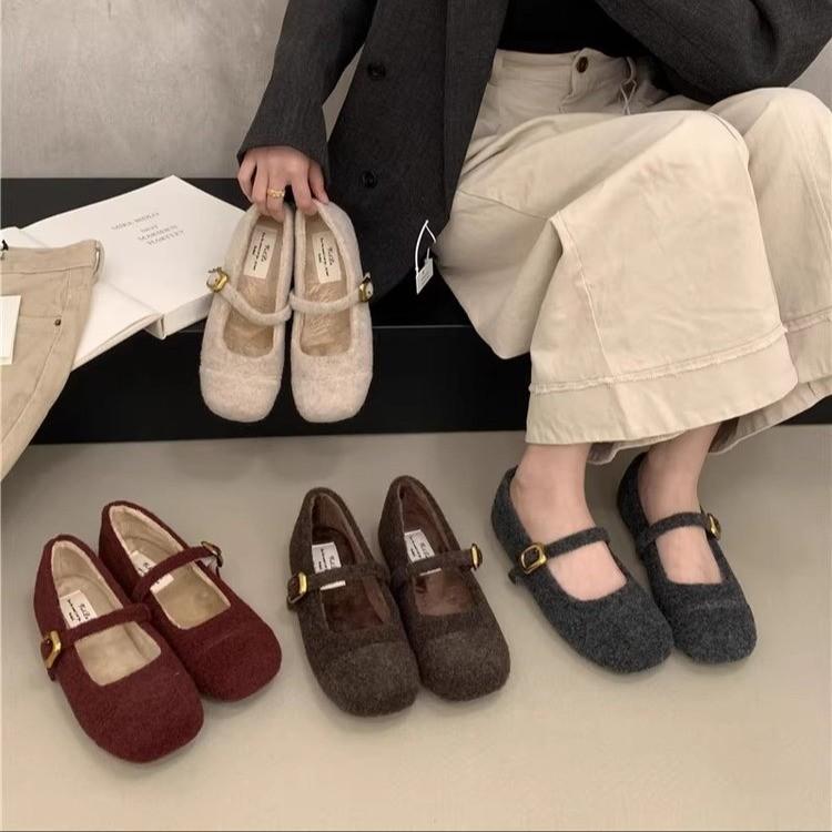Fairy Foreign Style Fluffy Shoes Female Winter Wear French Evening Temperament Women Velvet Mary Jane Single Shoes Flat Cotton Shoes