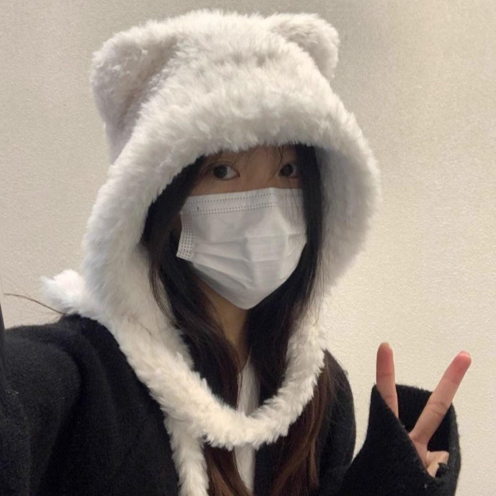 Cartoon Plush Pullover Hats Soft Cute Cat Ear Hat Y2K Ear Protection Hat  Outdoor