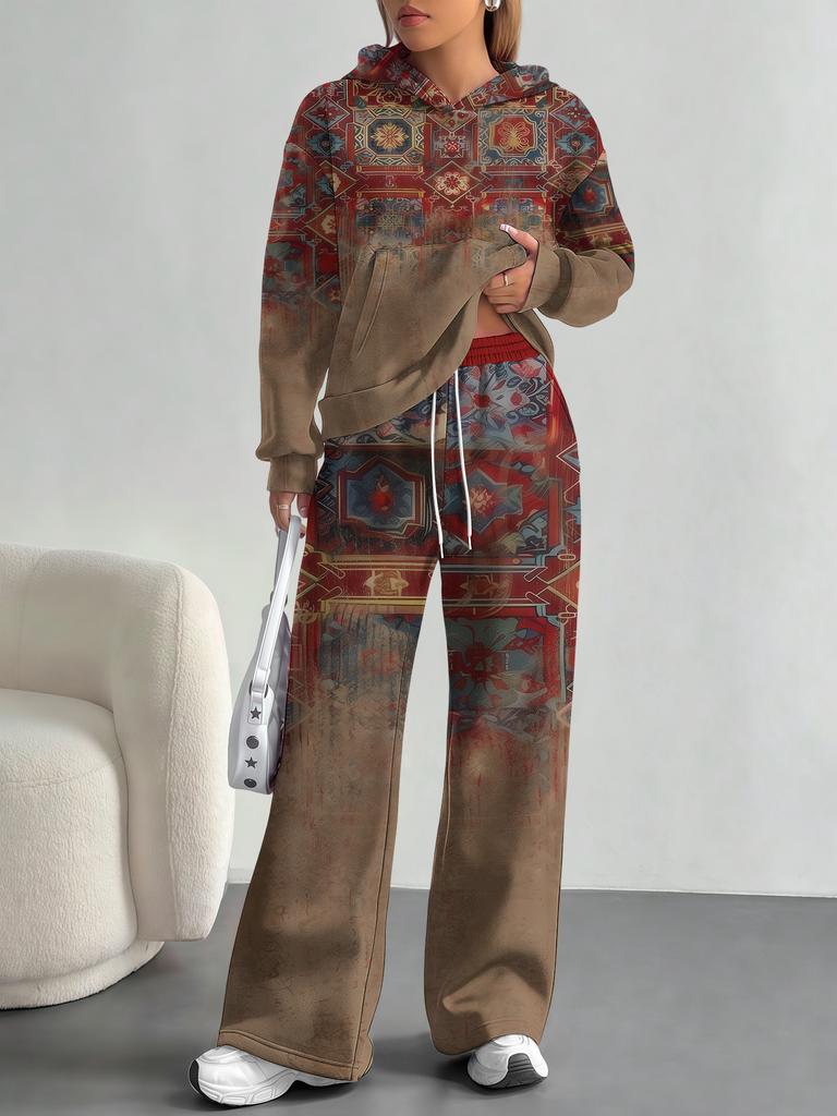 European And American Autumn And Winter Casual Long-Sleeved Suit Women'S Bohemian Hooded Sweater Trousers Two-Piece Set