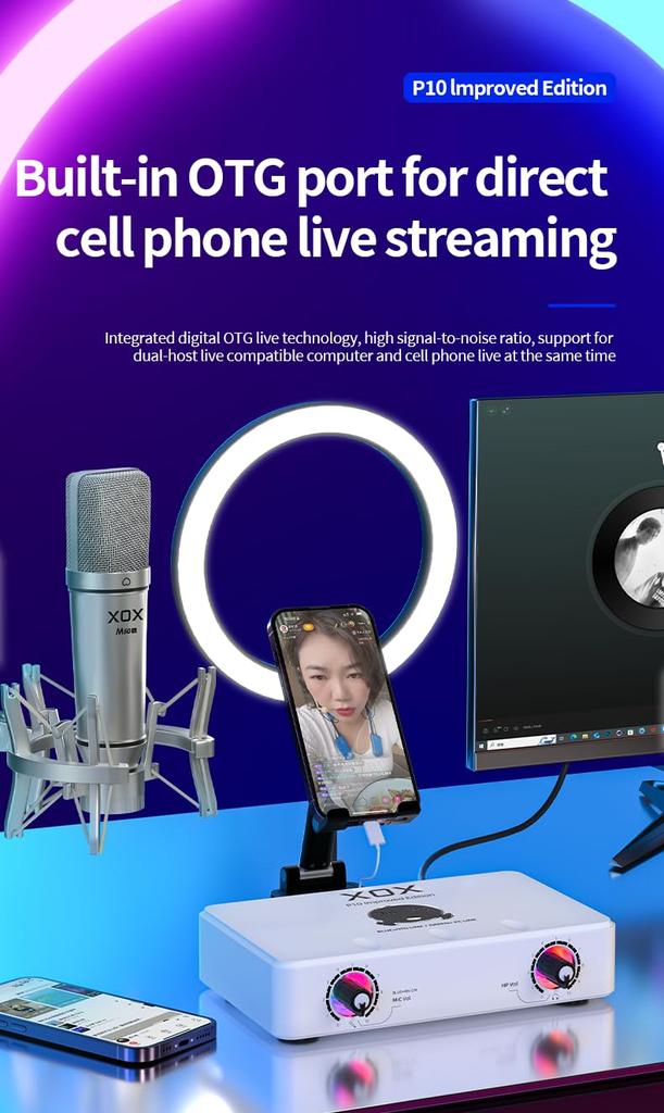 XOX P10 USB Audio Interface for Recording with Software Panel for and Independent Volume LED USB Audio 48V Phantom Power Studio-Quality Streaming,