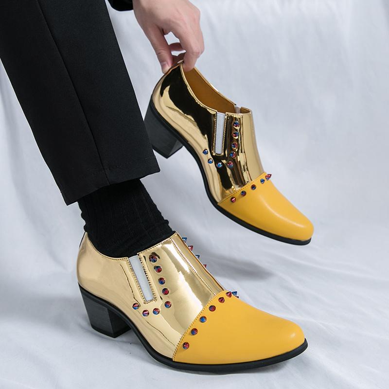 Gold Luxury Men's Dress Shoes British Pointed Toe High Heel Shoes Men Formal Shoes Rivet Designer Genuine Leather Shoes For Men
