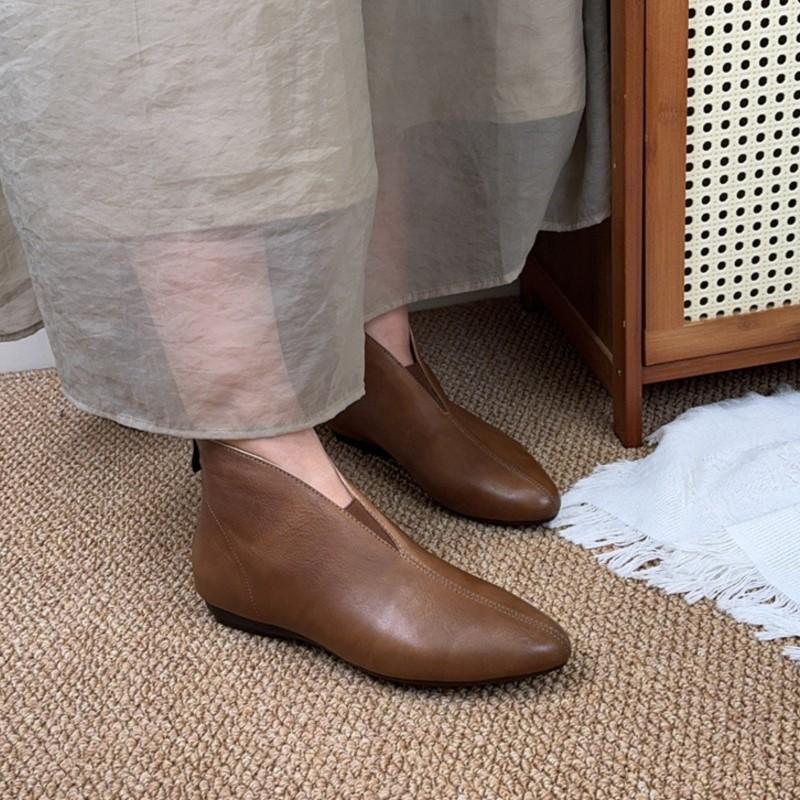 Johnature Retro Pointed Toe Cowhide Short Boots Versatile Genuine Leather Soft Soled Women's Shoes