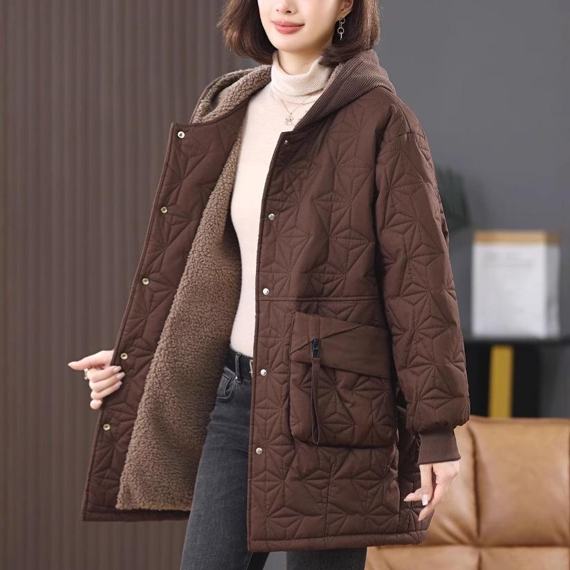 

Women s Plus Size Winter Fleece-Lined Cotton Jacket 2024 - Middle-Aged & Elderly Casual Warm Coat M (100-125 lbs) кофейный