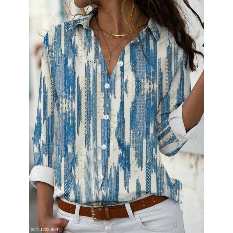 2024 new women's fashion lapel long-sleeved shirt 3d printed floral print casual shirt female versatile fashion