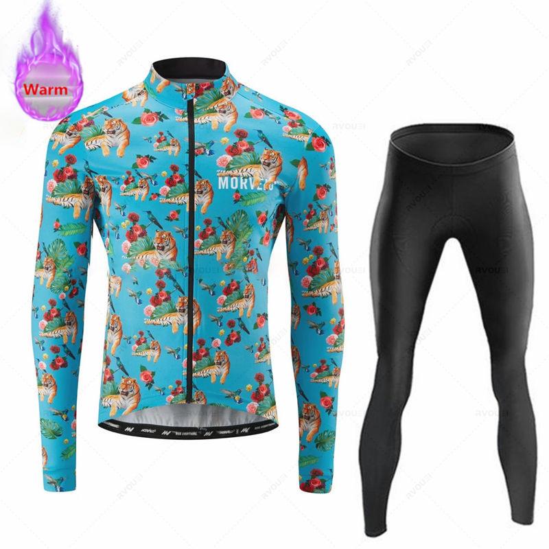 Morvelo-Thermal Fleece Cycling Jerseys Set for Men, MTB Bike Clothes, Warm Bicycle Clothing,2026 Velvet Warm Cycling Suit Set