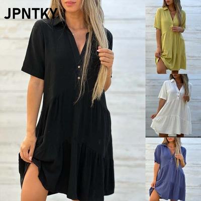 JPNTKY Fashion Summer Spring Solid Color Print Short Sleeve V-Neck Casual Dresses International Design