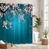 1Pc Cherry Blossom Shower Curtain With Gradient Teal Background - Serene Pink Blossoms On Curved Branches, Minimalist Aesthetic,
