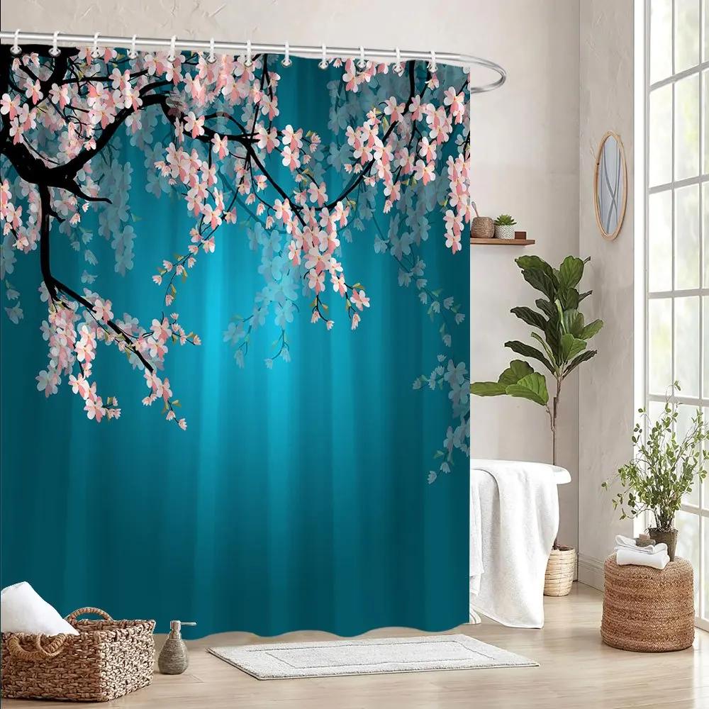 1Pc Cherry Blossom Shower Curtain With Gradient Teal Background - Serene Pink Blossoms On Curved Branches, Minimalist Aesthetic,