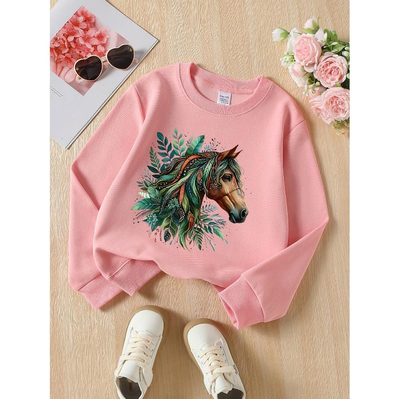 Horse Leaves Pattern Artistic Design 2026 New Girls' Long-sleeve Casual Crewneck Sweatshirt