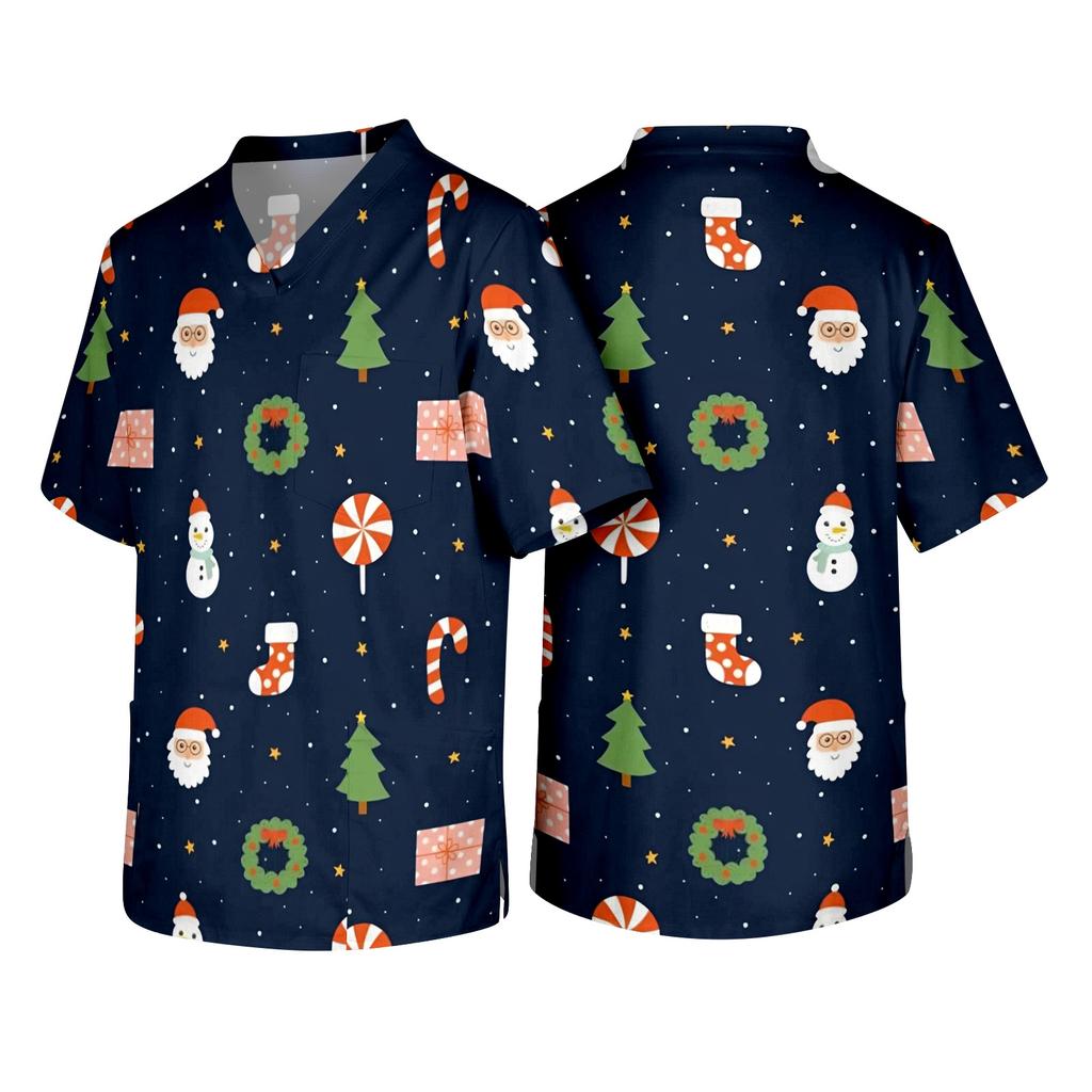 Men's Christmas Themed Holiday Caregiver Uniform for Work in Hospitals and Clinics