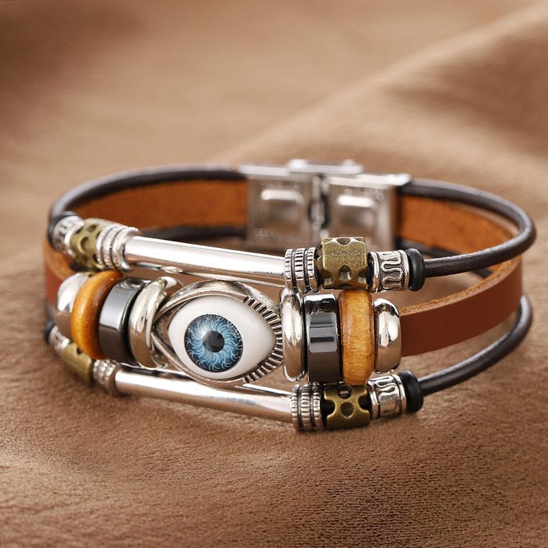 Turkish Blue Eye Wristband Lucky Hand  Gifts Evil Eye Fatima Hand Charm Bracelets for Women Men Genuine Leather Bracelet