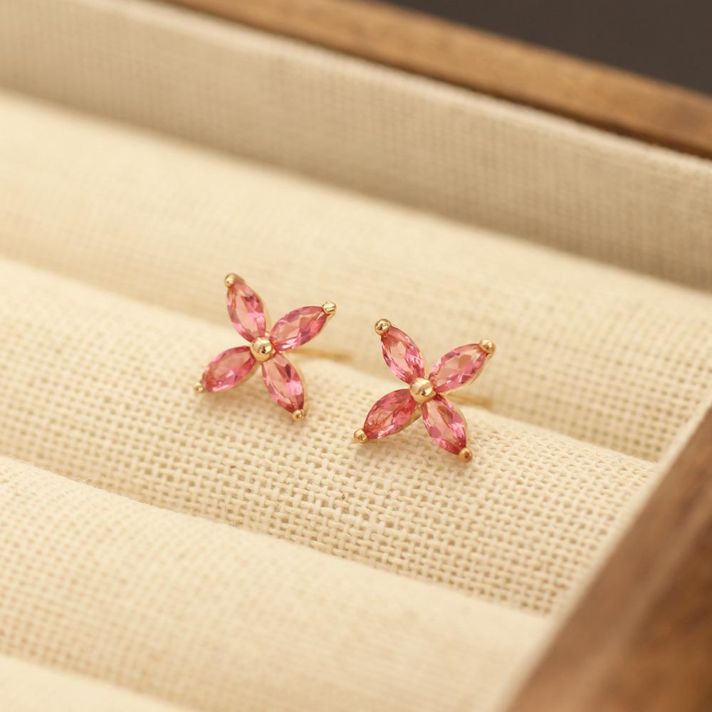 New Product Simple Gold-plated Stone-inlaid Red Flower Stud Earrings Temperament Korean Version Sweet and Elegant Earrings Earrings Lady Style