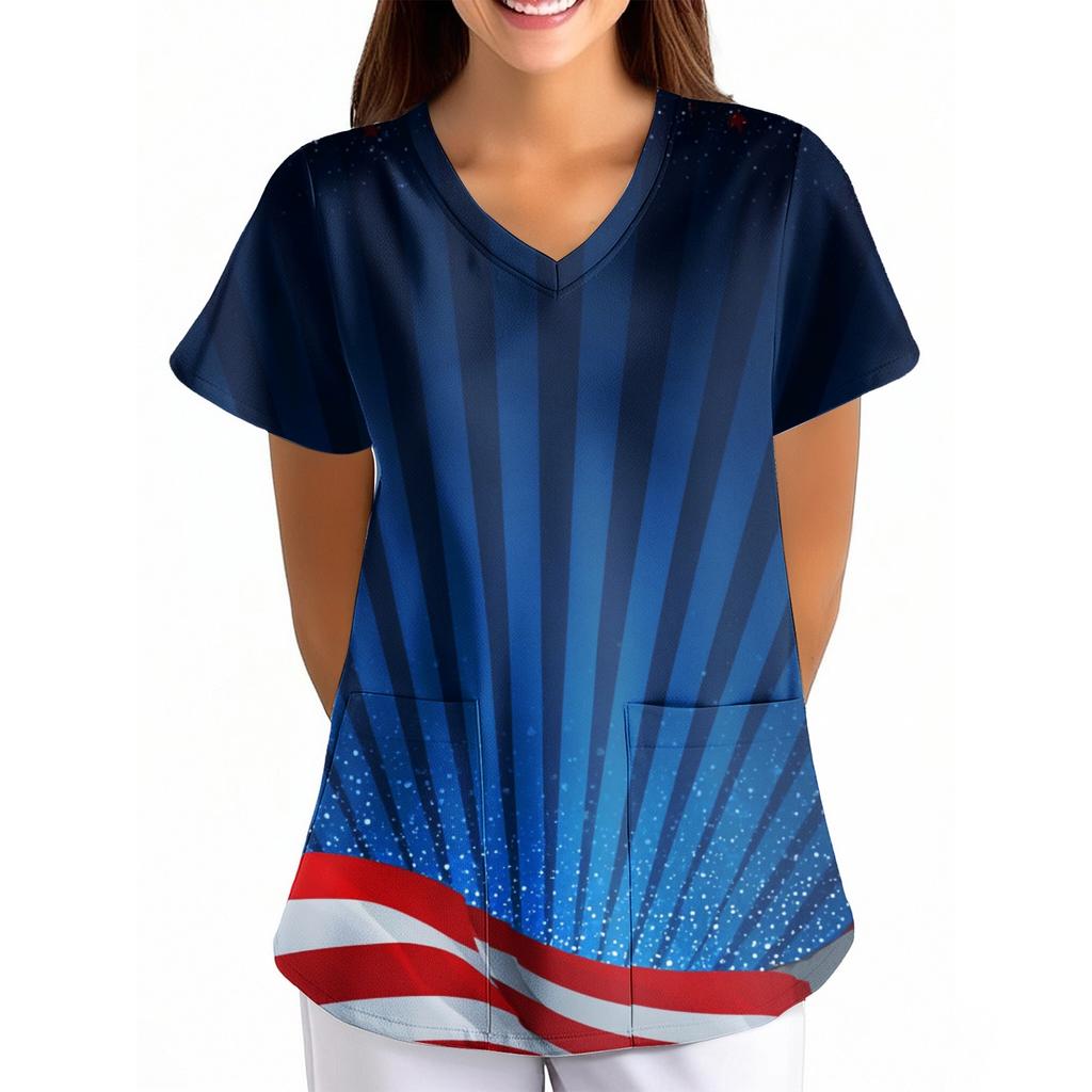 Women's Independence Day Printed Loose V-Neck Pocket Short-Sleeve Caregiver/Uniform