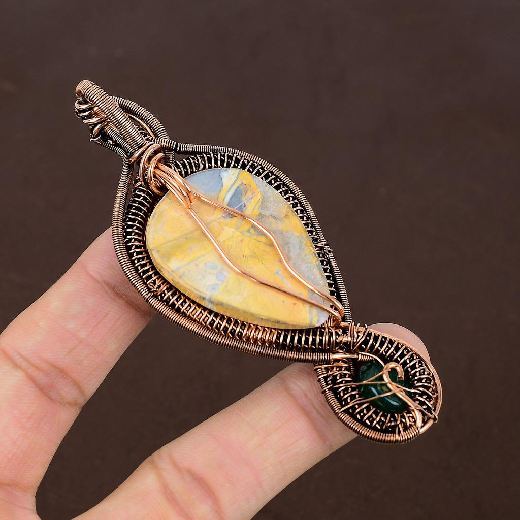Natural Yellow Mookaite, Green Onyx Gemstone Copper Wire Wrap Pendant 3.94" P0w94