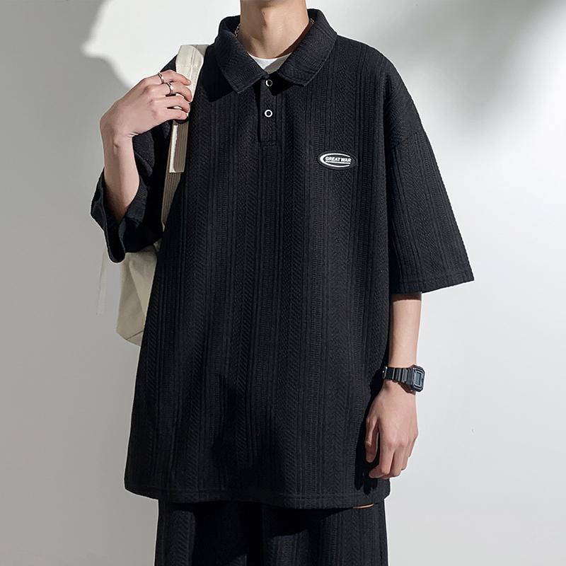 

Summer men s loose short-sleeved T-shirt tops quarter-sleeved jacquard lapel Polo shirt 2XL чёрный