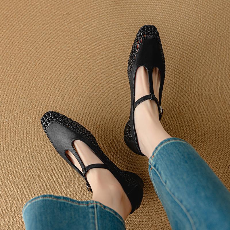 Fashion 2025 New Spring Women Pumps Genuine Leather Women Shoes Square Toe Buckle Strap Mary Janes Weave Ladies Shoes