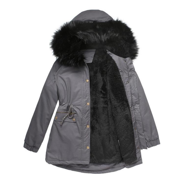 Warm Fluffy Winter Jacket Medium Long Hooded Collar Parker Coat Cotton Zipper Coat
