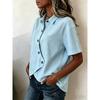 Women Light Blue Lapel Irregular Diagonal Button Short Sleeve Irregular Hem Loose Casual Blouse