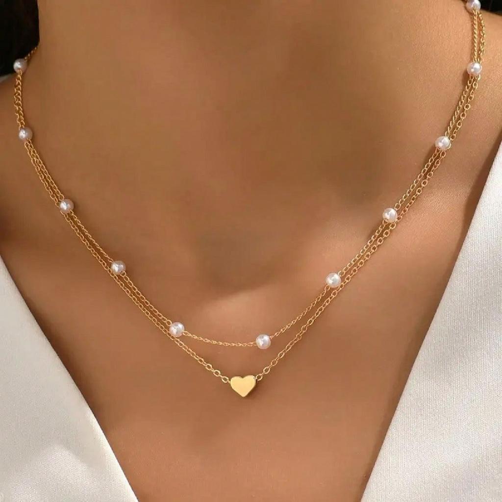 2 Elegant Vintage Style Imitation Pearl Heart Pendant Layered Necklaces - Suitable for Daily Wear, Best Gift for Friends and Best Friend